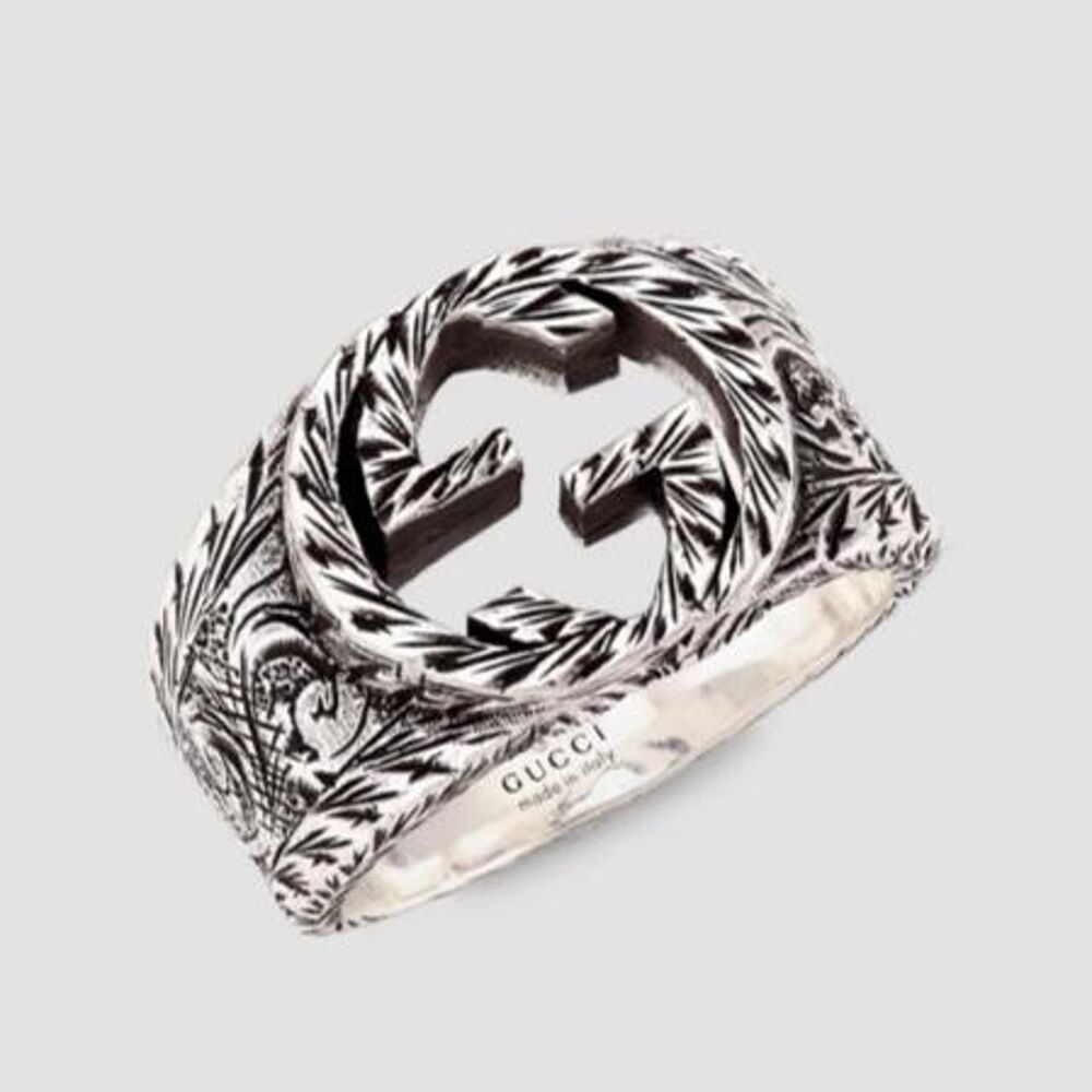Gucci Interlocking G Arabesque Engraved Signet Ring, Like New, Size 6.5